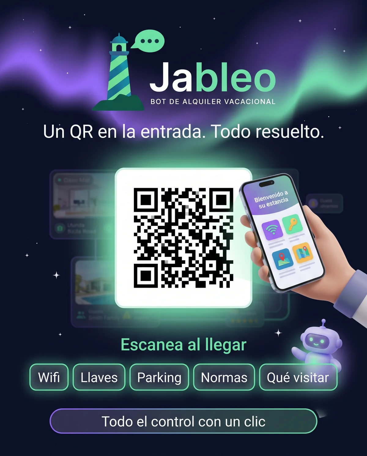 Un QR en la entrada abre la guía completa de la casa